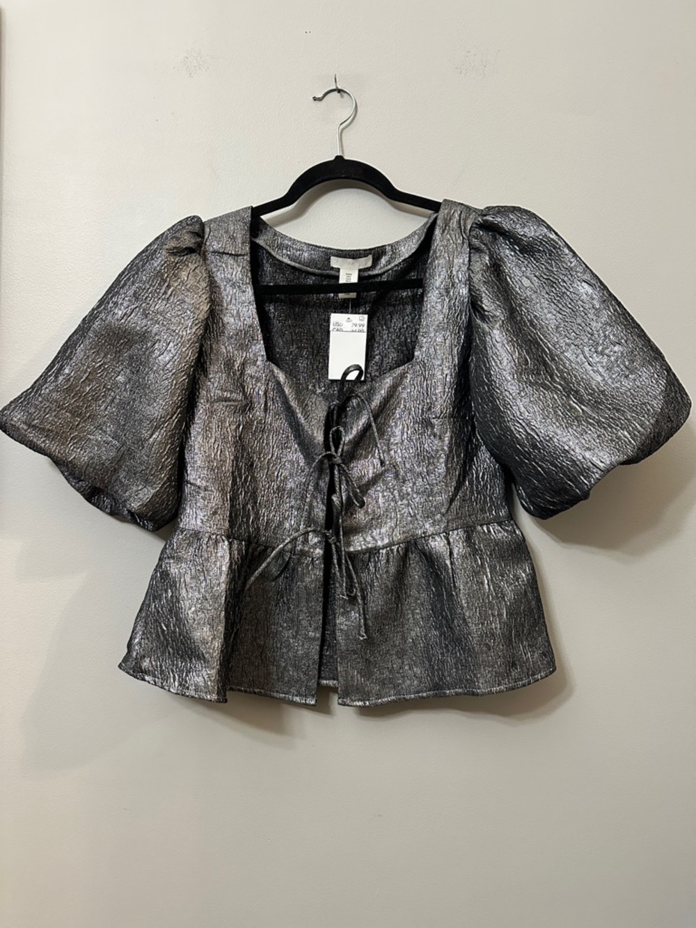 NWT H&M Metallic Dark Gray Puff Sleeve Tie-Front Peplum Jacquard-Weave M